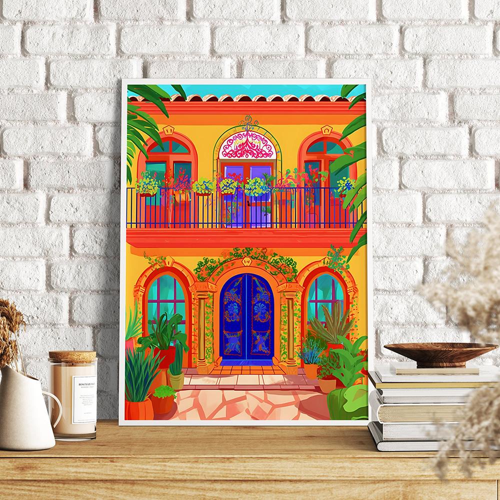 Wall Art Pictures Mexican Hacienda Print and Poster Mexico Traditional Courtyard Travel Illustration Canvas Painting Home Decor