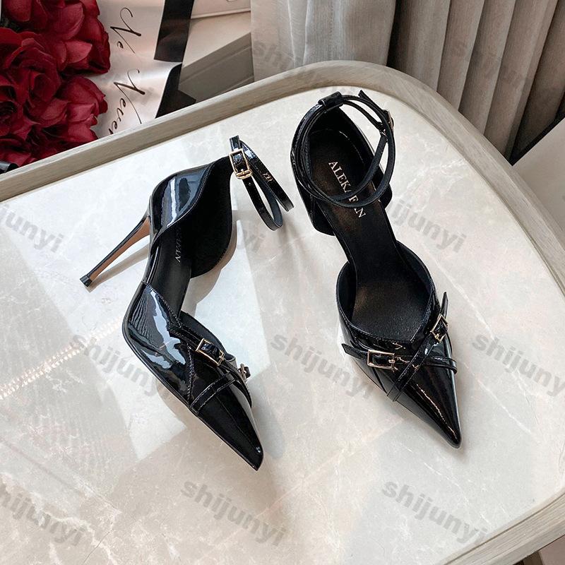 Fashion Black High Heels Pumps for Women 2025 Spring Fashion Ankle Straps Party Shoes Woman Pointed Toe Thin Heel Buckle Single Shoes