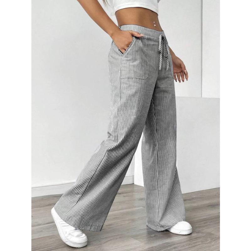Women Striped Drawstring Wide Leg Casual Summer Pants