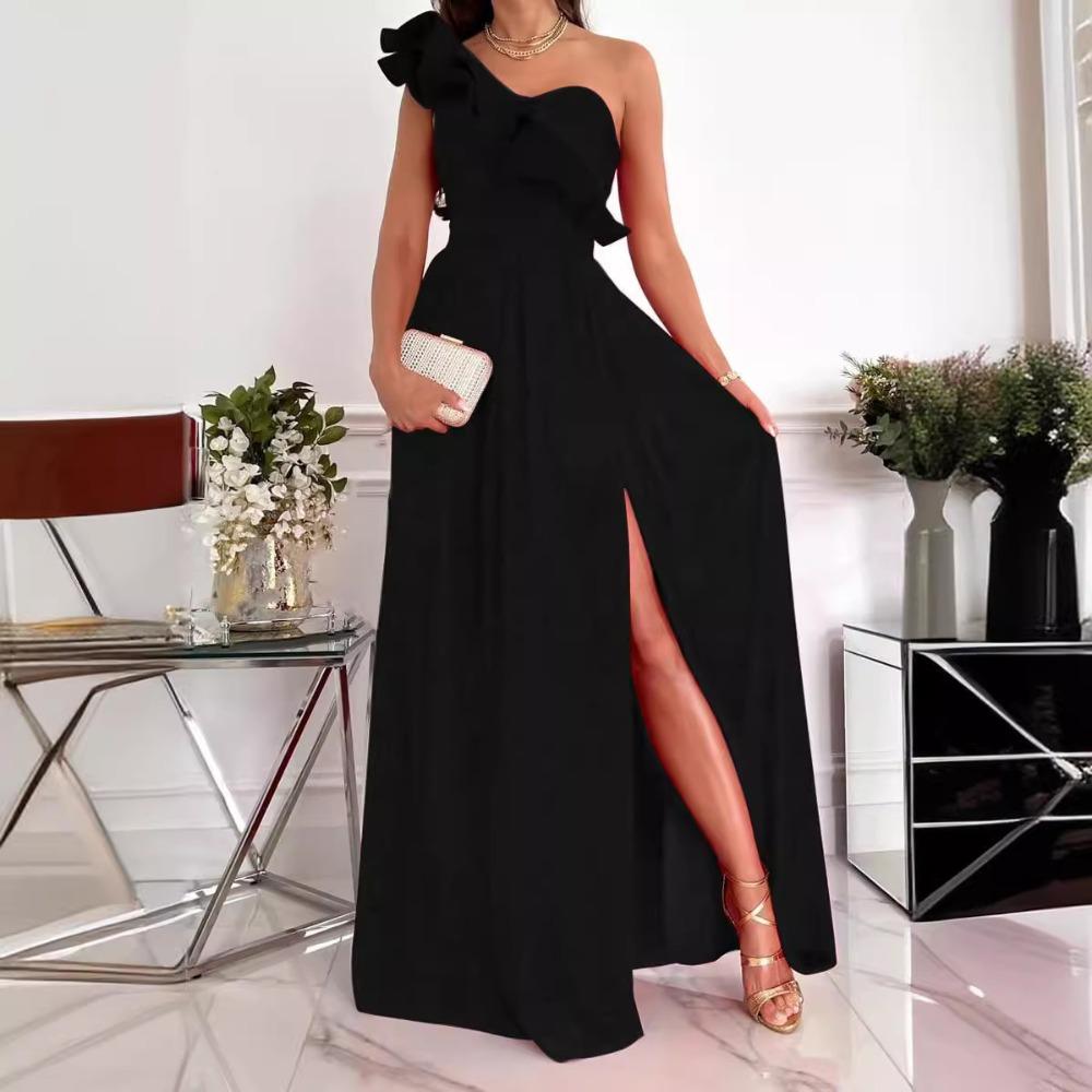 Women's One Shoulder Ruffle Maxi Dress A-Line High Waist Side Slit Solid Formal Evening Party Long Dress