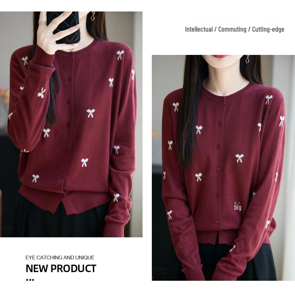 Women's Bow-Accent Wool Cardigan, Autumn/Winter Heathered Knitwear with Color Block Design and Gentle Style.