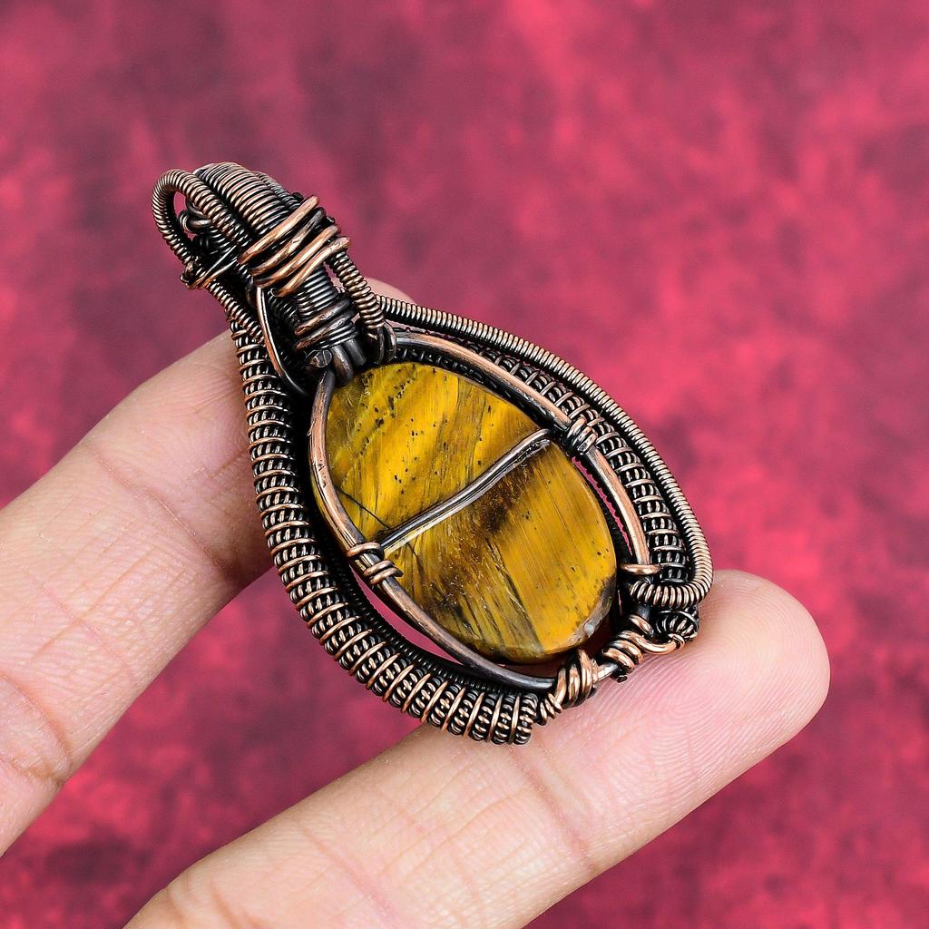Tiger's Eye Gemstone Pendant Copper Wire Wrapped Pendant Handmade Pendant Healing Stone Pendant Copper Wire Wrapped Jewelry Gifts for Friend