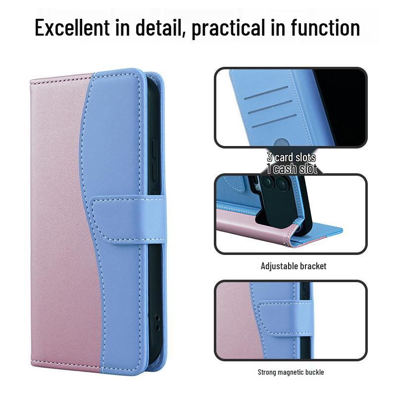 iPhone 16/17 Flip Cover - Patchwork Leather Case with Card Slot, Fashionable Simple Design.