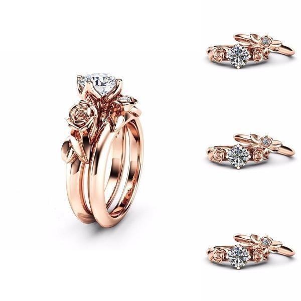 Fashion Womens Rose Gold 2pcs Set Unique Round Cut Engagement And Party Rings