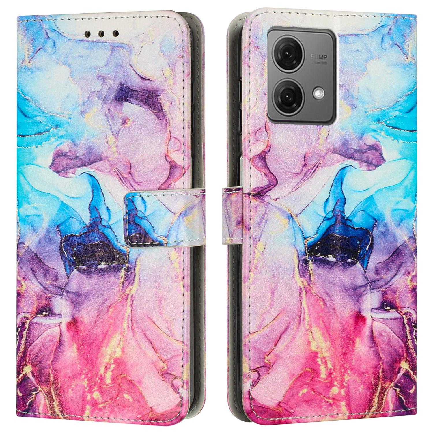 

For Motorola Moto G84 5G Stand Case Marble Pattern PU Leather Wallet Phone Cover with Wrist Strap Pink/Purple