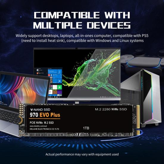 970 EVO Plus PCIe 4.0 M.2 NVMe TLC SSD 1/2/4TB Maximum Read 7300MB/s Max Write 6800MB/s AI Applications Gaming Video Editing Internal Solid