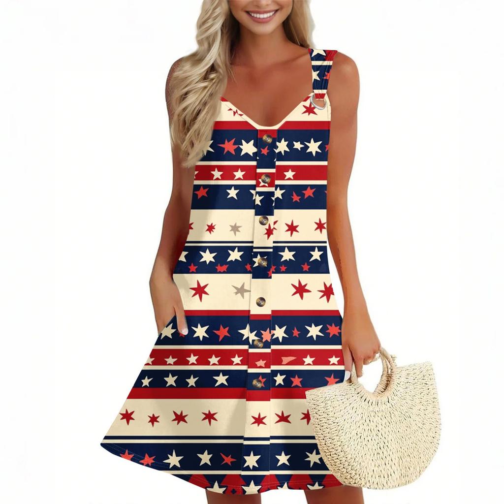 Women's Summer Dress Sleeveless Independence Day Print Sundress With Pocket
