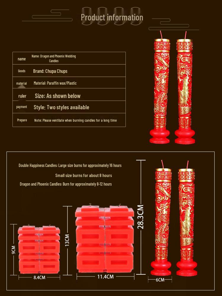 Double Happiness Smokeless Red Candles for Wedding and Engagement Celebrations with Dragon and Phoenix Design
