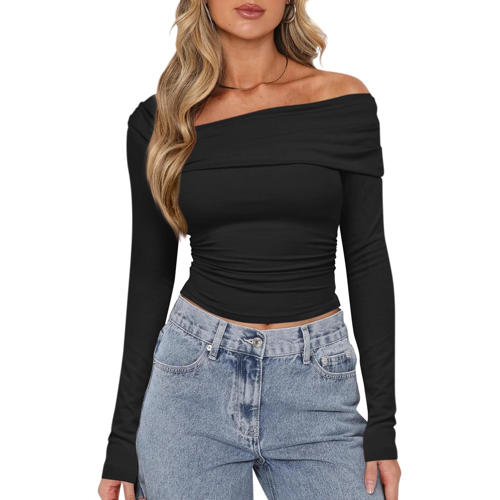 

Женская мода, однотонный плиссированный топ на одно плечо с длинными рукавами, облегающий короткий топ с открытым пупком M чёрный