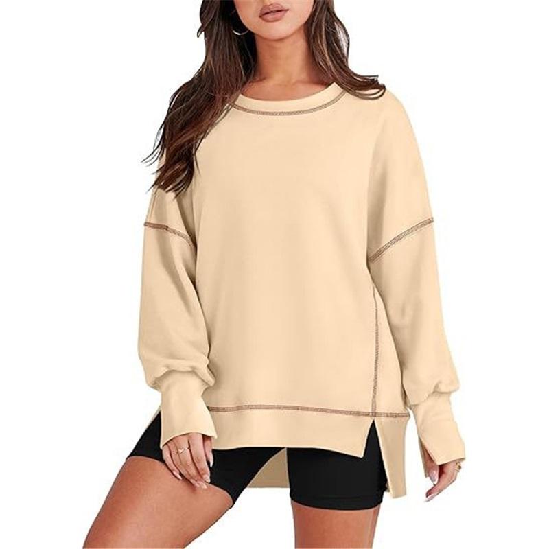 Europäischer und amerikanischer Stil Damen Lässiger lockerer Pullover Neuer lockerer Rundhals Farbblock Langarm-Oberteil