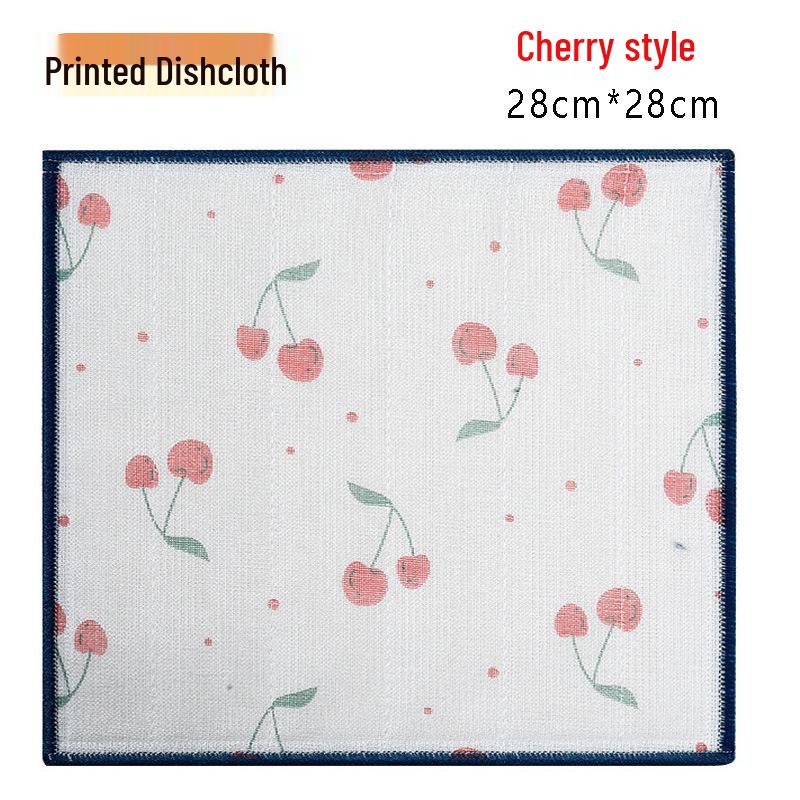 Cherry Pattern Grease-Repellent Multi-Layer Cotton Dish Towel - Thick, Water-Absorbent, and Oil-Resistant Kitchen Cloth Single Piece