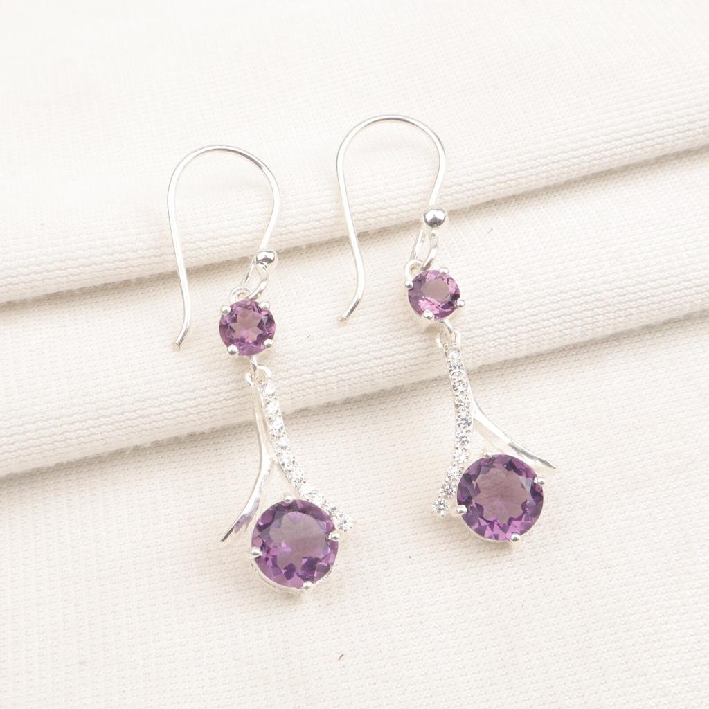Natural Amethyst Gemstone 925 Sterling Silver Jewelry Zircon Hook Earrings 1.84" CZE-9-8
