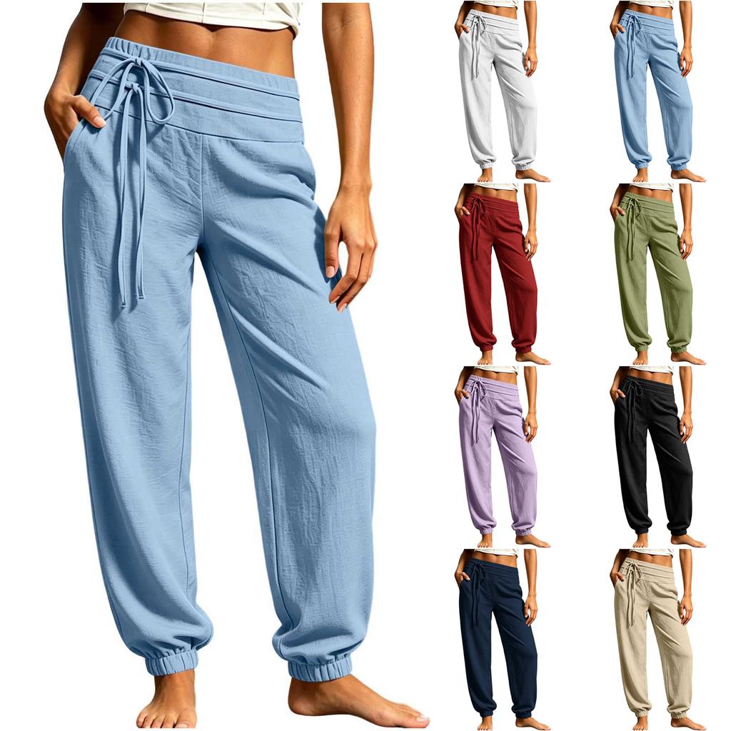Women Casual Straight Leg Pants Elastic Waistband Drawstring Lightweight Comfortable Loose Fit Lounge Trousers