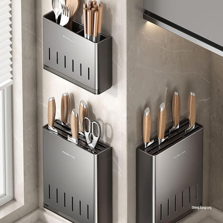 Wall-Mounted Multifunctional Kitchen Knife and Chopstick Holder Storage Rack