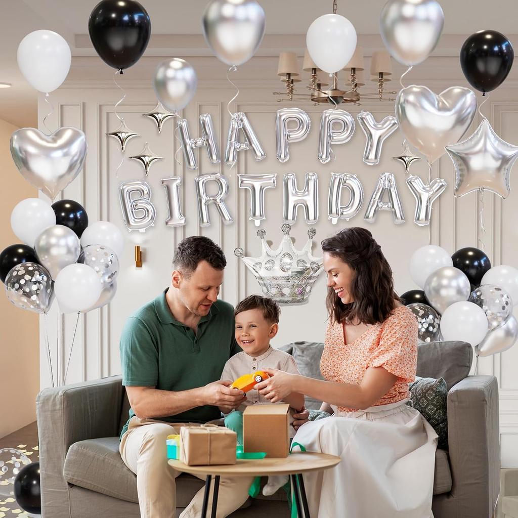 Black and Silver Valentine's Day Balloon Set, Happy Birthday Aluminum Film Star Crown Balloon Simulation Rose Petal Confession