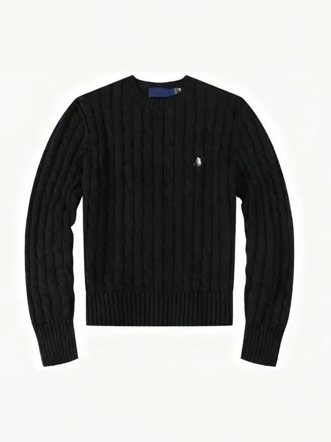 Women's V-Neck Cable Knit Cardigan with Horse Logo Embroidery - Pure Cotton, Long Sleeve, Casual Style.