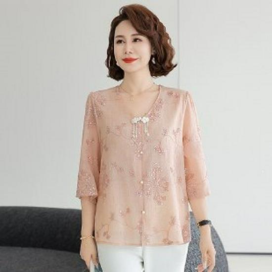 Chic Summer Seven-Sleeve Top for Women Over 50 5XL розовый