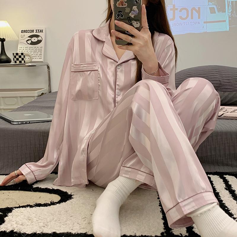 

Пижамный комплект из 2 предметов, весна-лето, пижама с длинными рукавами, искусственный шелк, пижама с буквенным принтом, повседневный атласный пижамный комплект для пар M