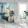 1PC Seaside boats, lighthouses, seagulls pattern printed shower curtain, waterproof, with 12 hooks, bathroom shower, home use