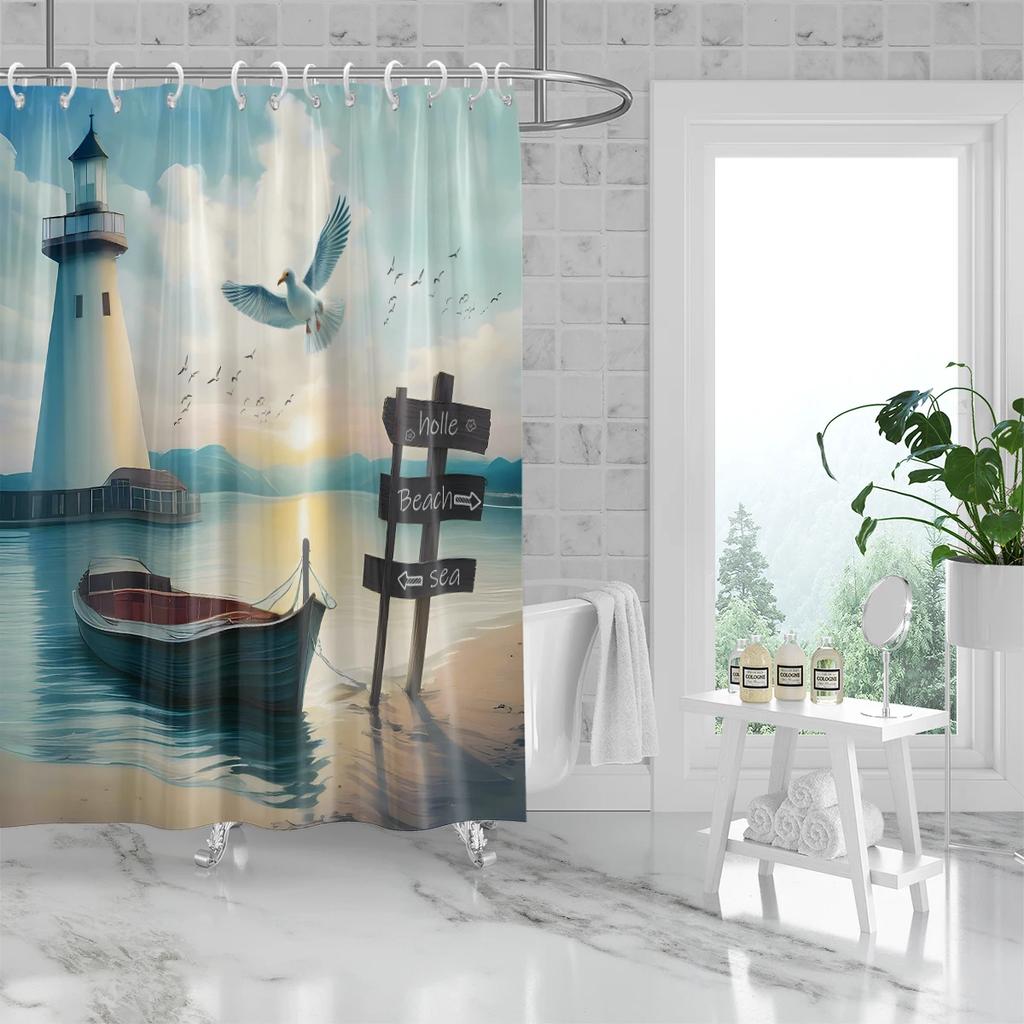 1PC Seaside boats, lighthouses, seagulls pattern printed shower curtain, waterproof, with 12 hooks, bathroom shower, home use