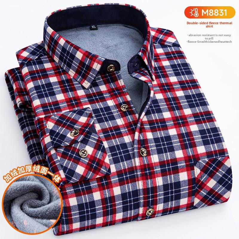 Plus Size Men's Thermal Shirt Men's Winter Fleece-Lined Thickened Checkered Long-Sleeved Shirt