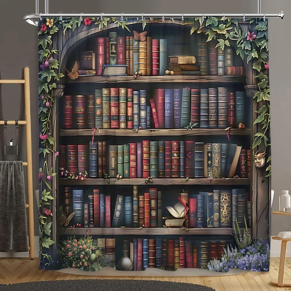 Vintage Library Shower Curtain Old Book Bookshelf Skull Halloween Candles Floral Plant Home Polyester Fabric Bathroom Decor Se