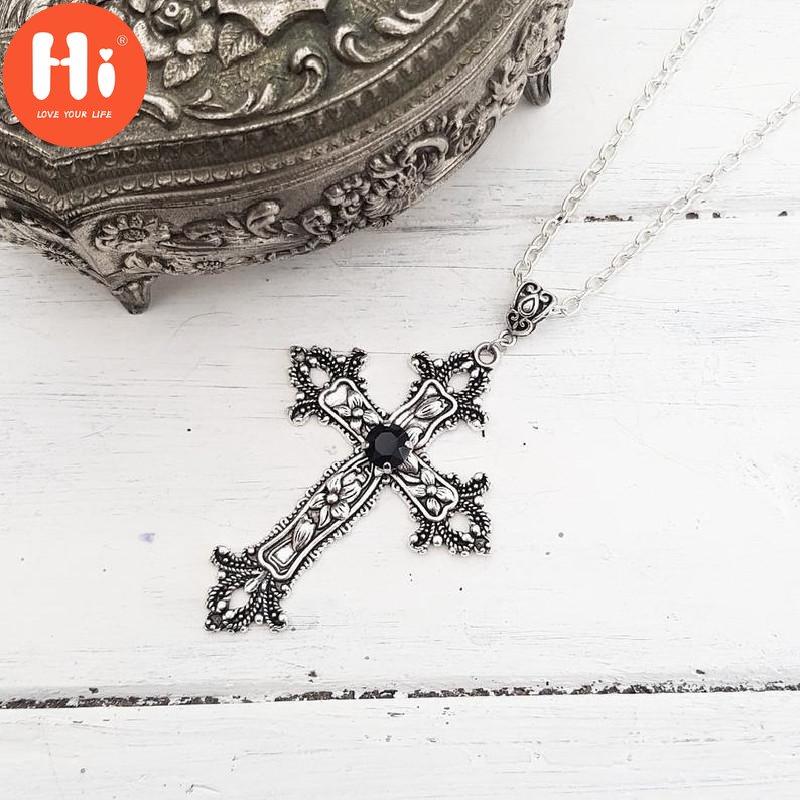 Hi Cross Diamond Pendant Jewelry Necklace Silver Tone Gothic Punk Jewelry Fashion Glamour Statement Women Gifts