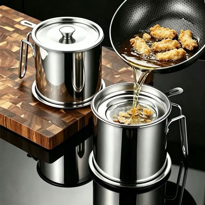 Stainless Steel Oil Strainer Pot Leakproof Oil Storage Container with Fine Filter for Home Kitchen Frying Oil Recycling