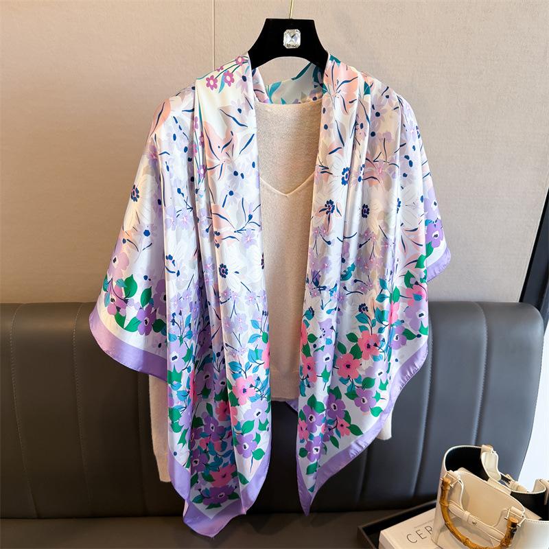 Pastoral floral simulation silk high-end 111cm large square scarf silk scarf printed shawl sunscreen scarf headscarf scarf