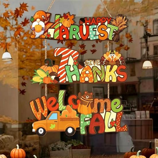 Yousheng Thanksgiving Welcome Sign Rustic Harvest Wooden Door Hanger Sign Gnome Turkey Pumpkin Truck Decorative Wall Plaque for Farmhouse Porch Wall