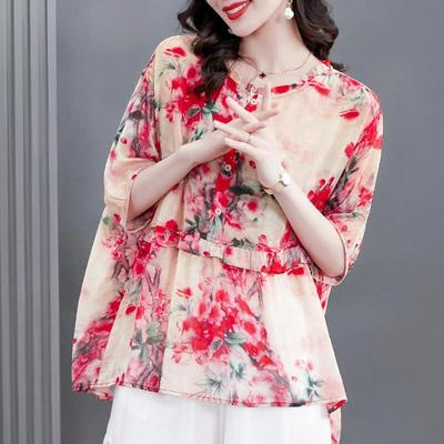 Verschlüsseltes florales Chiffonhemd für Damen im Sommer Neues T-Shirt für edle Damen Lockeres Hemd Dünnes kurzärmeliges Oberteil