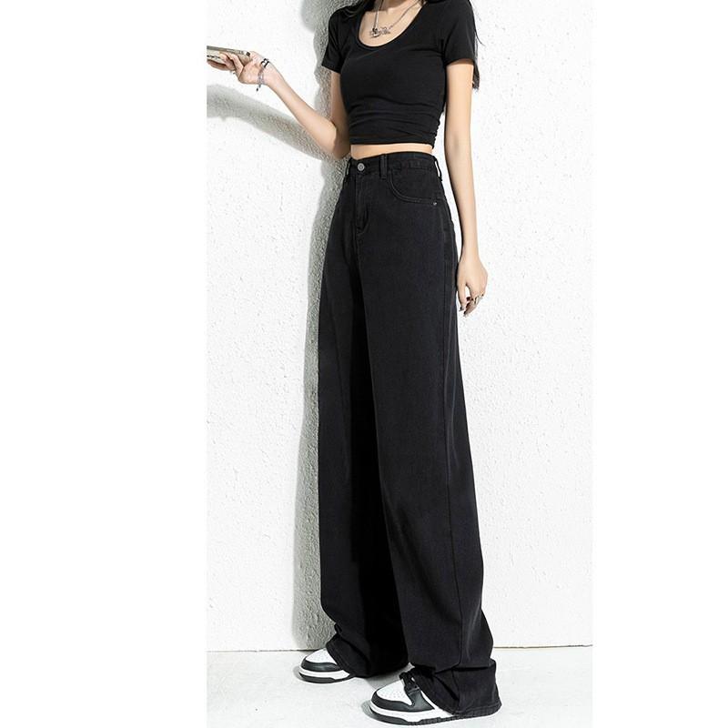 High Waist Wide Leg Straight Cut Denim Pants Women Comfortable Loose Fit Cotton Blend Classic Black