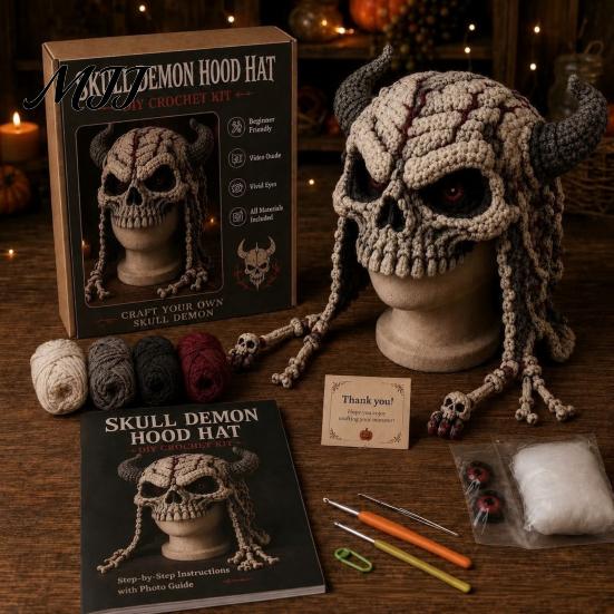Halloween Cosplay Hat Kit Fantasy Hood Crochet Kit, Cute Animal DIY Dragon Unicorn Making Supplies Skull Earflap Craft for Adults, Handmade