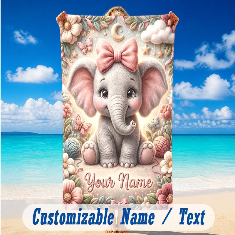 Elephant Theme Beach Towel Personalized Custom Name & Text Soft Quick Dry Beach Towel for Swimming Travel