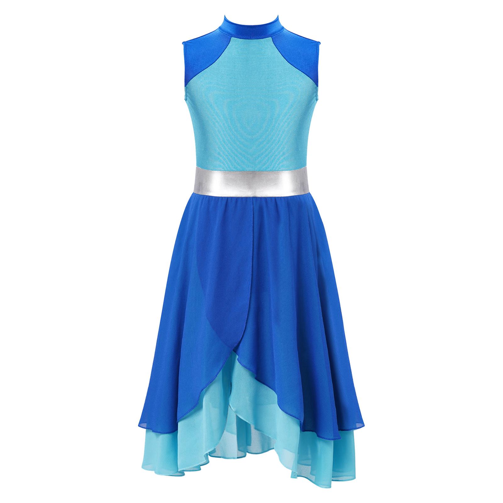 

Girls Praise Dance Dress Color Block Mock Neck Sleeveless Tiered Wrap Hem Lyrical Performance Gown 5-6 Years синій