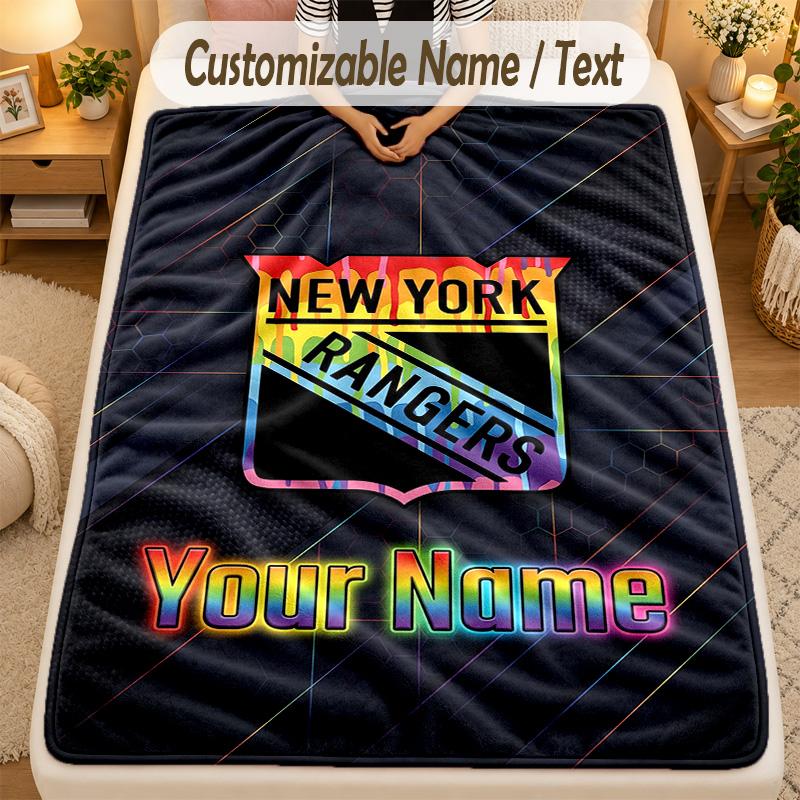 Flannel BlanketNew York Rangers Custom Name Text Personalized Soft Warm Throw Blanket Home Decor Gift
