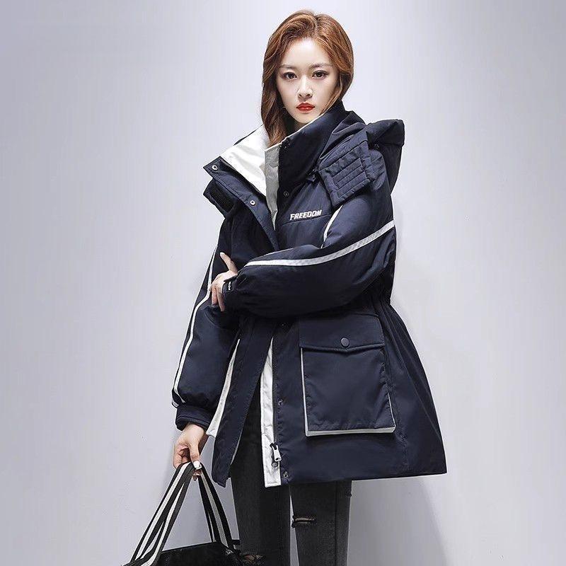 

Трендовое женское длинное стеганое пальто Теплая рабочая парка Куртка Приталенный силуэт Зимняя хлопковая верхняя одежда Мода XXL темно-синий