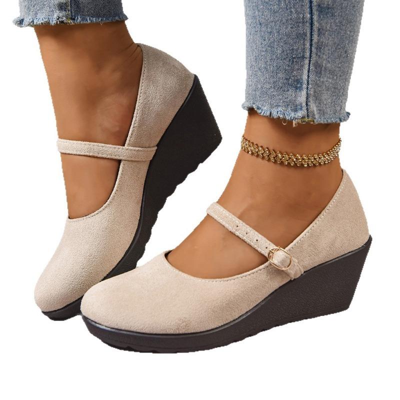 New spring and autumn solid color thick bottom light mouth comfortable suede soft bottom wedge heel round head single shoes women's shoes