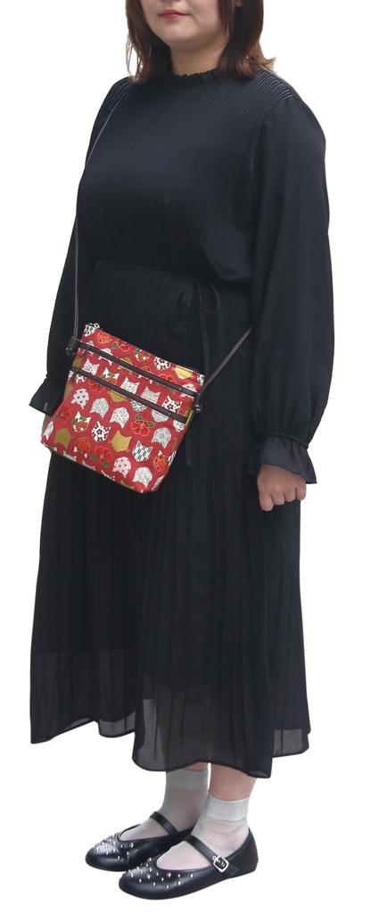 Hasegawa Cat Print Shoulder Bag, Cute Japanese Pattern, Women's, Made in Japan (Red)