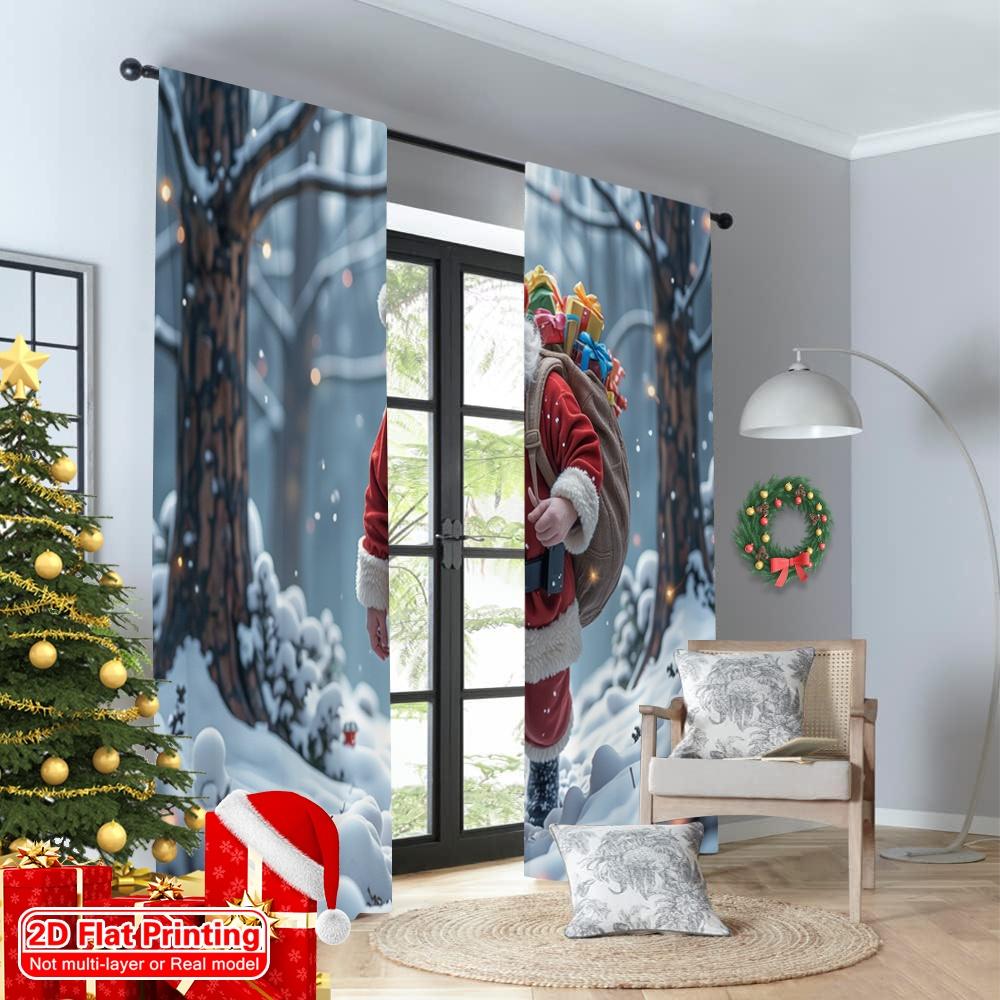 2pcs 2D Flat Printing Merry Christmas Window Drapes Santa Christmas Gifts Snowy Woods 100% Polyester Fabric Without Electricity