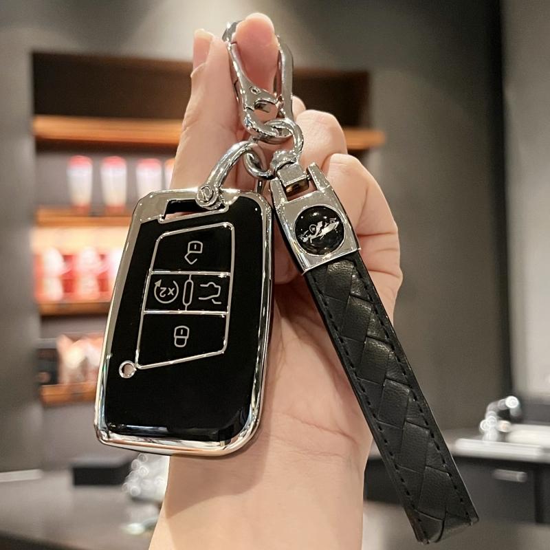 Car Key Case Cover Key Holder with Keychain for VW Volkswagen Tiguan Atlas Jetta Passat Golf Alltrack Smart Key