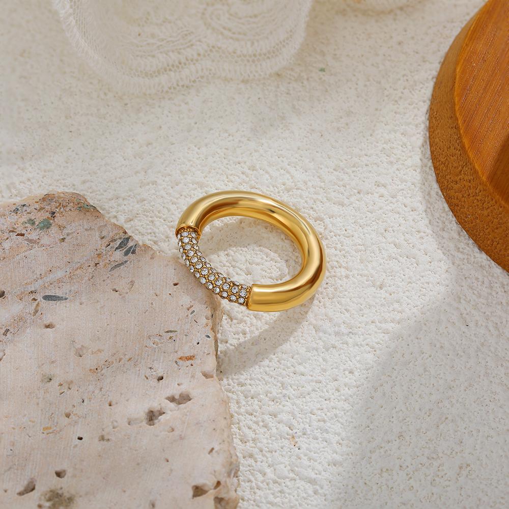 Cubic Zirconia Inlaid Round Rings Minimalist 18K Gold Plated Stackable Finger Jewelry for Women Wedding Party Gift Accessory