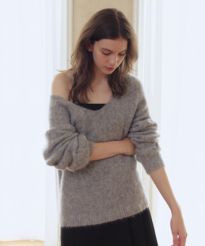 AFTERHOURS Deep V-Neck Alpaca Wool Knit Top (Melange Grey)