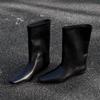 Cowhide version~ autumn and winter new simple square head versatile temperament low heel knight boots women's sleeve medium boots women's