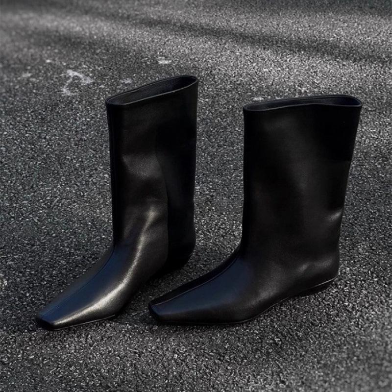 Cowhide version~ autumn and winter new simple square head versatile temperament low heel knight boots women's sleeve medium boots women's