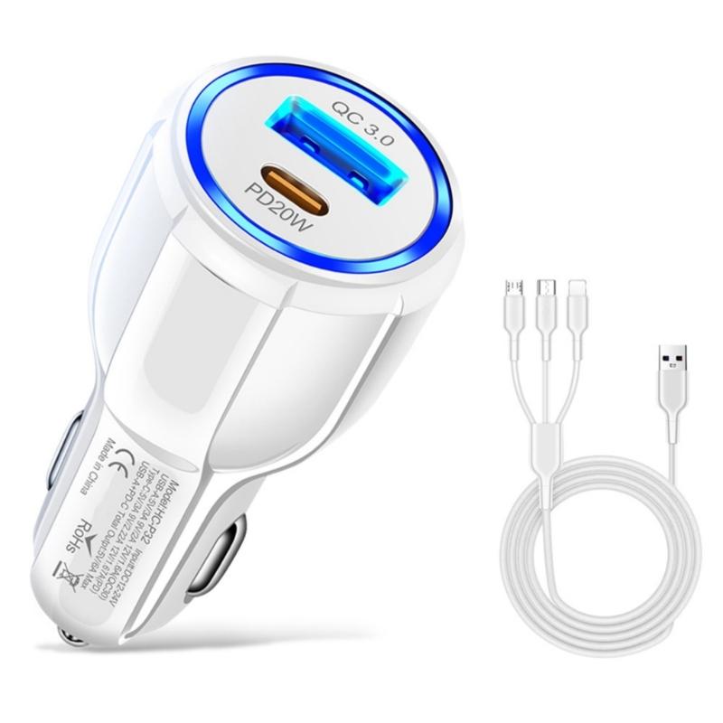 2 in 1 USB Car Charger Adapter Multiple USB Splitter with QC3.0 PD20W Fast Car Charger for Mobile Phone Laptop Car