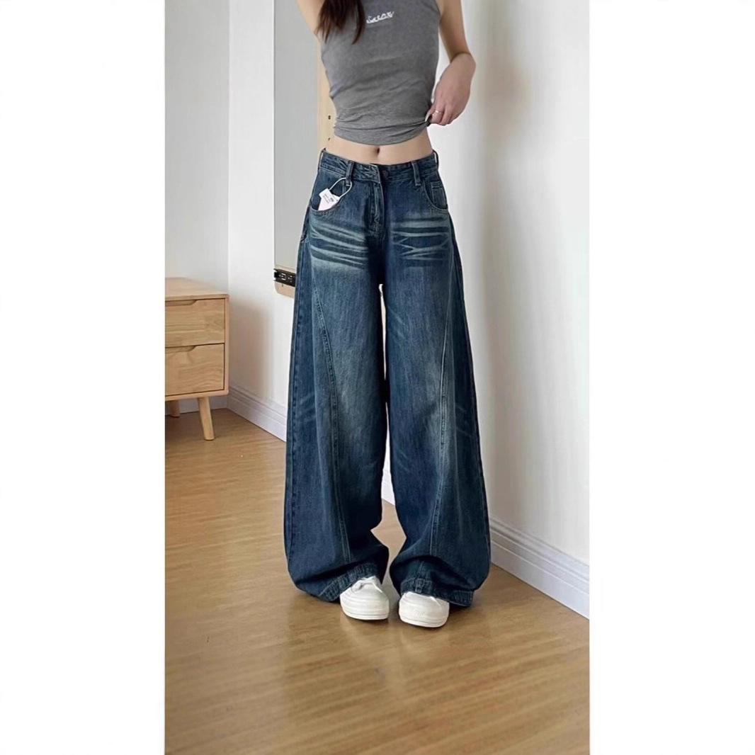 Women s High Waist Wide Leg Jeans Loose Fit Vintage Literary Washed Autumn Women Denim Trousers S