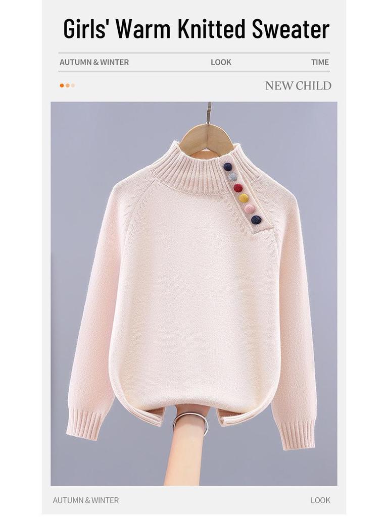 Girls' Fashionable Knitted Half-High Neck Sweater - Autumn/Winter Style, Thickened Base Top for Medium and Large Children