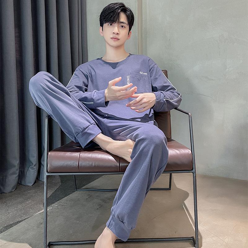 Frühlings-Baumwollpyjamas Herren Lounge Schlafbekleidung Blau Kariert Pijama Herren Morgenmantel Hauskleidung PJ Pijama Hombre
