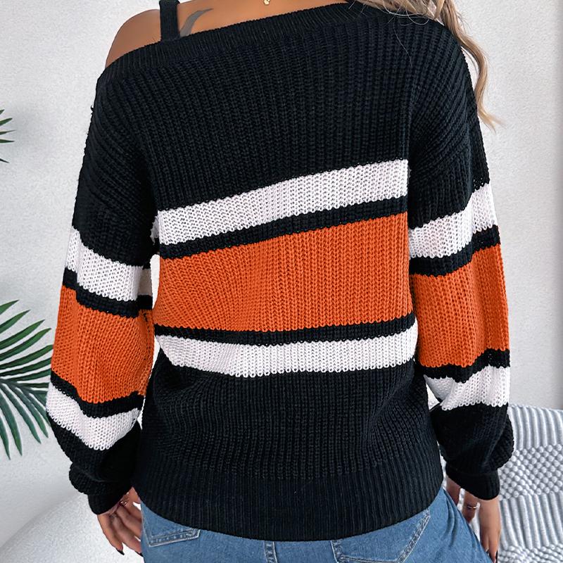 Women's Off Shoulder Sweater - Color Block Striped Bell Sleeve Pullover with Metal Buttons Fall Winter Casual Knitwear